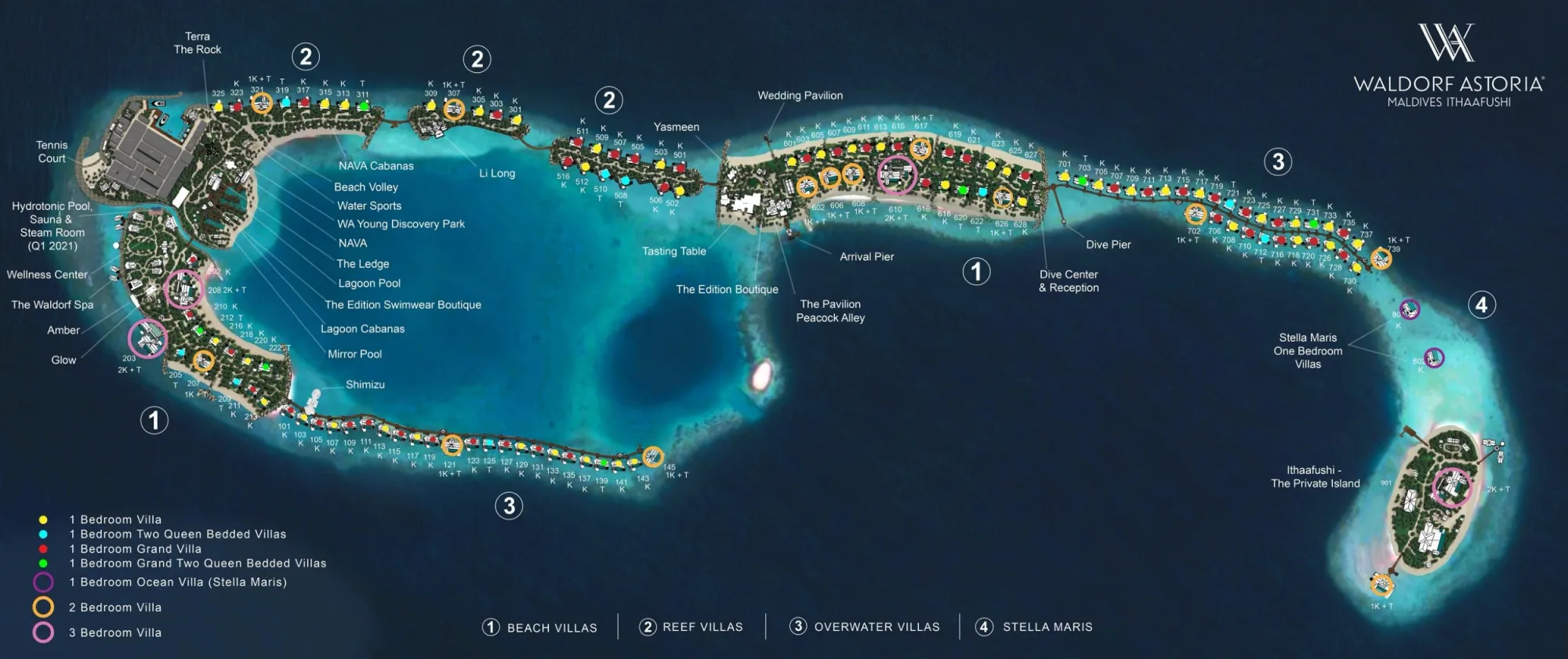 erial island view of Waldorf Astoria Maldives Ithaafushi luxury resort with overwater villas, beaches