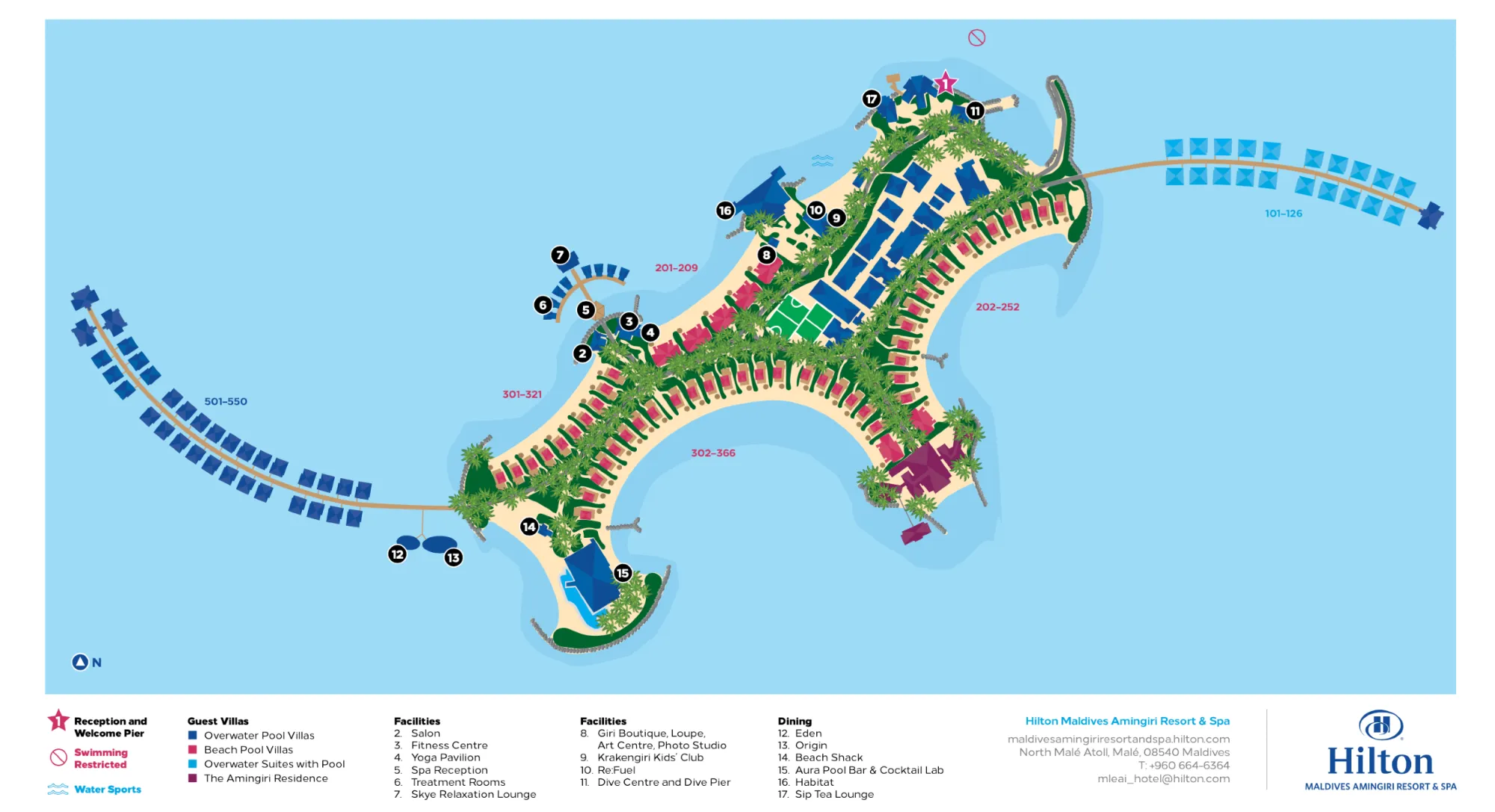 Map of Hilton Maldives Amingiri Resort & Spa showing island layout, villas, restaurants, spa, and key facilities.