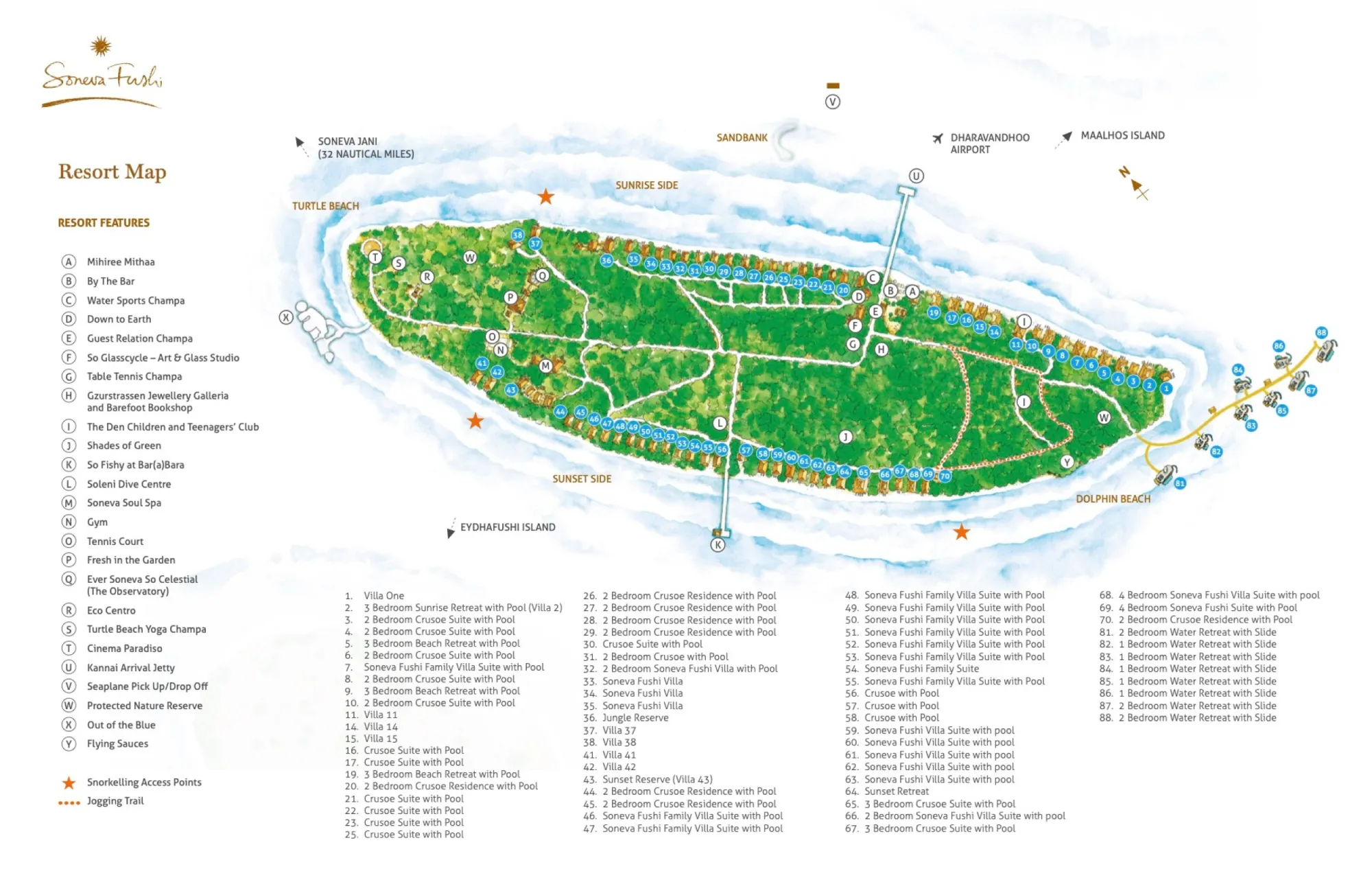 Resort map of Soneva Fushi Maldives showing villas, facilities and island layout