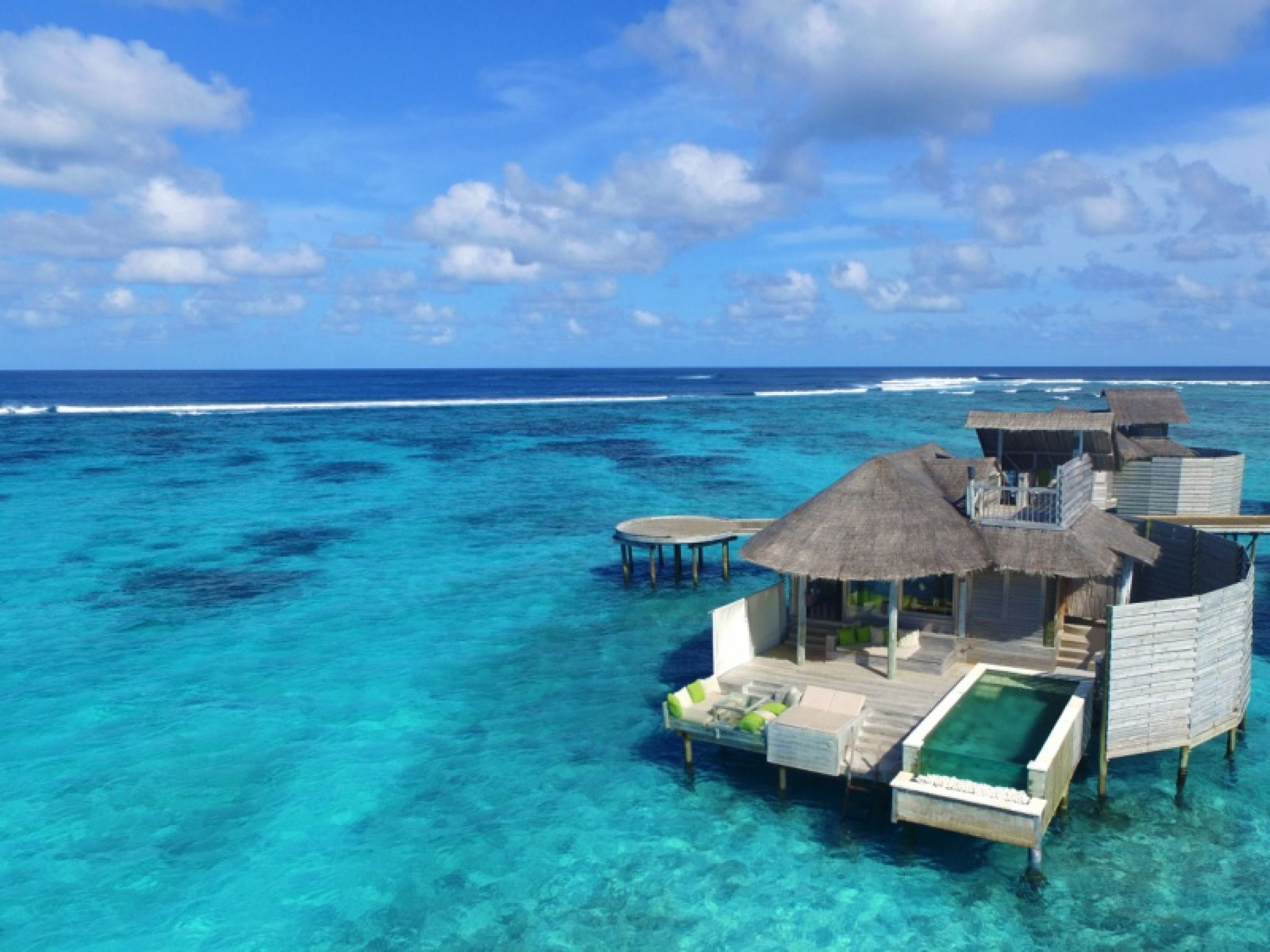 Sunset Laamu Water Villa with Pool Aerial Six Senses Laamu