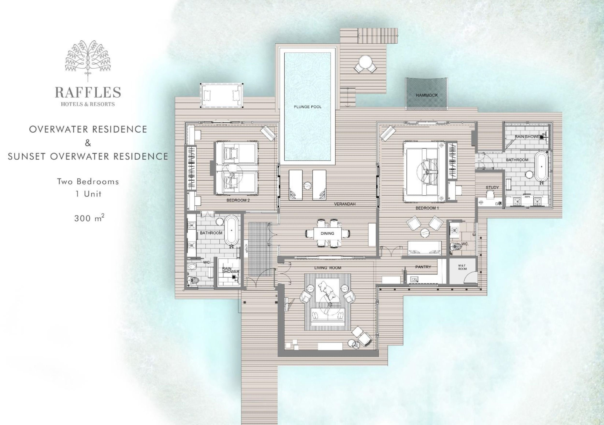 Raffles Maldives Sunset Overwater Residence with Pool Two Bedroom Floor Plan 