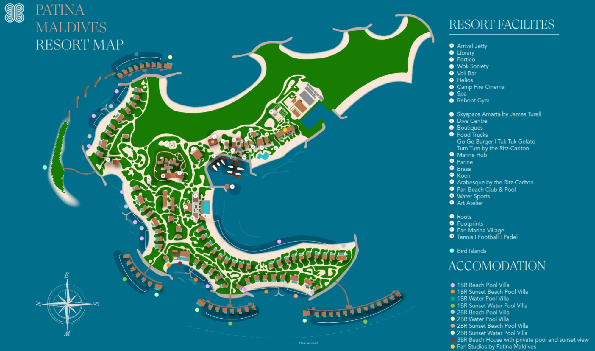 Patina Maldives resort map showing villa locations, restaurants, and facilities