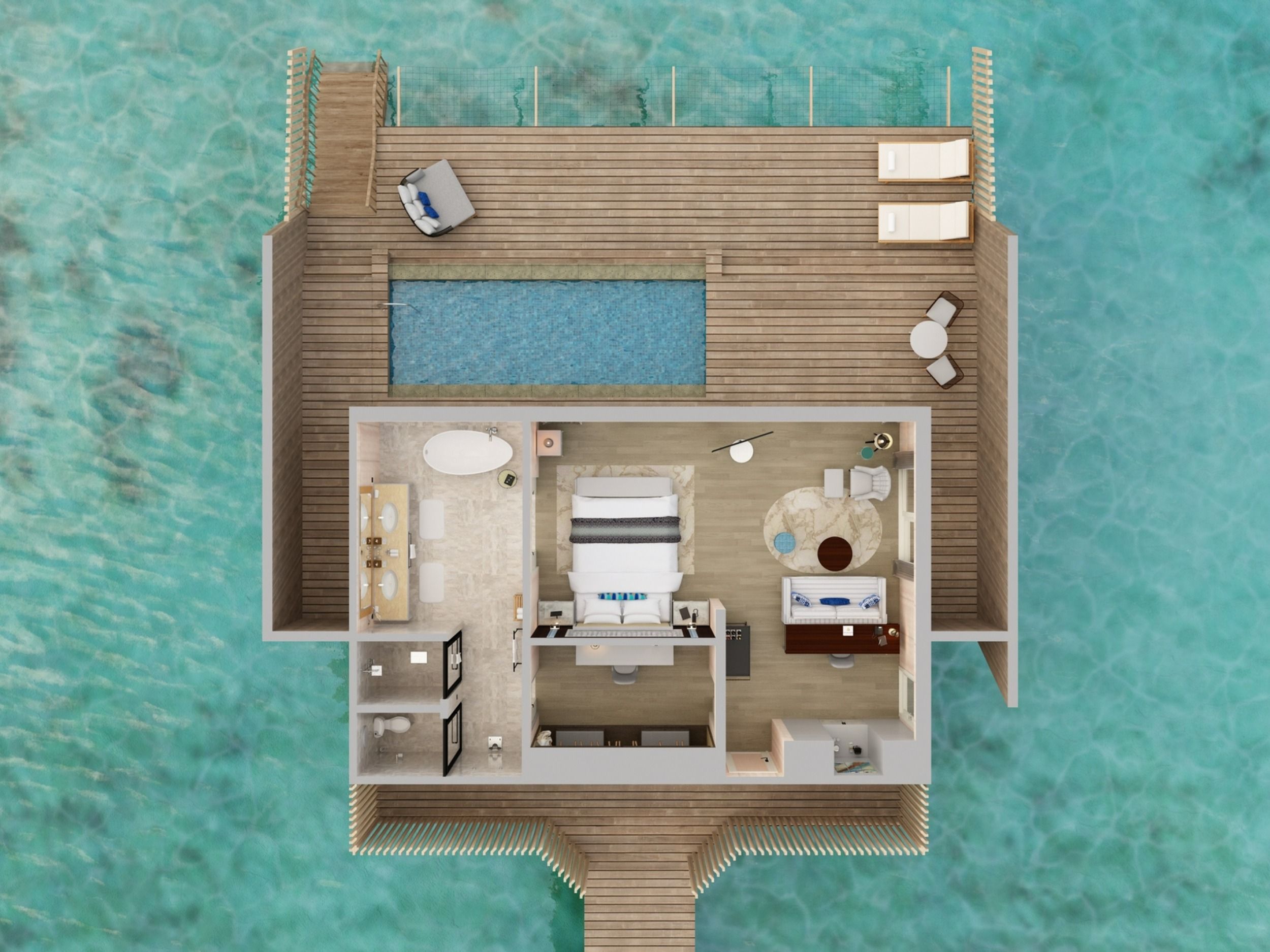 Over Water Villa with Pool
- Floor Plan - The St. Regis Maldives Vommuli Resort