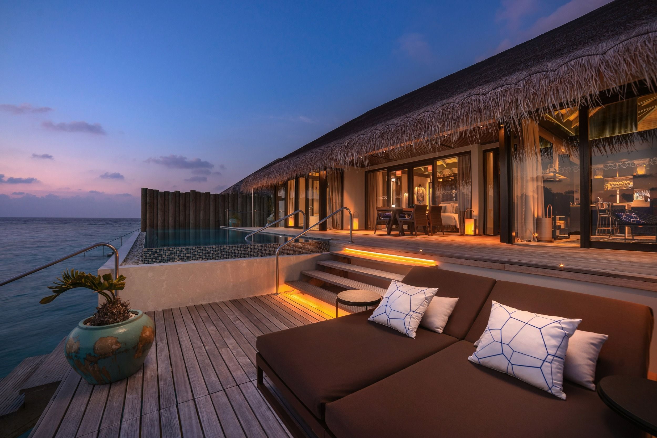 Sunset Deluxe Water Pool Villa - deck at night - Velaa Private Island Maldives