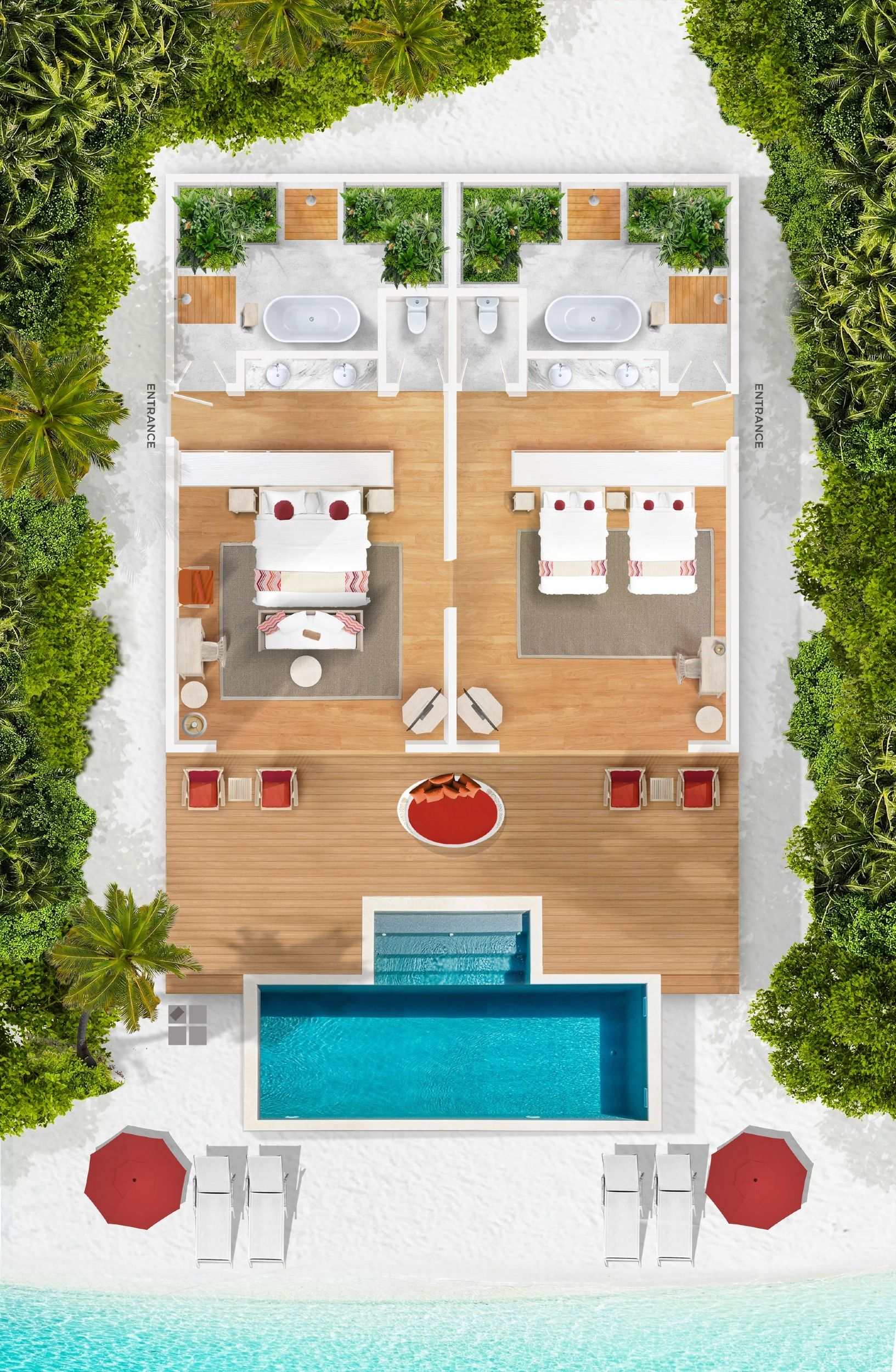 Two Bedroom Family Beach Pool Villa - Floor Plan - Cora Cora Resort Maldives