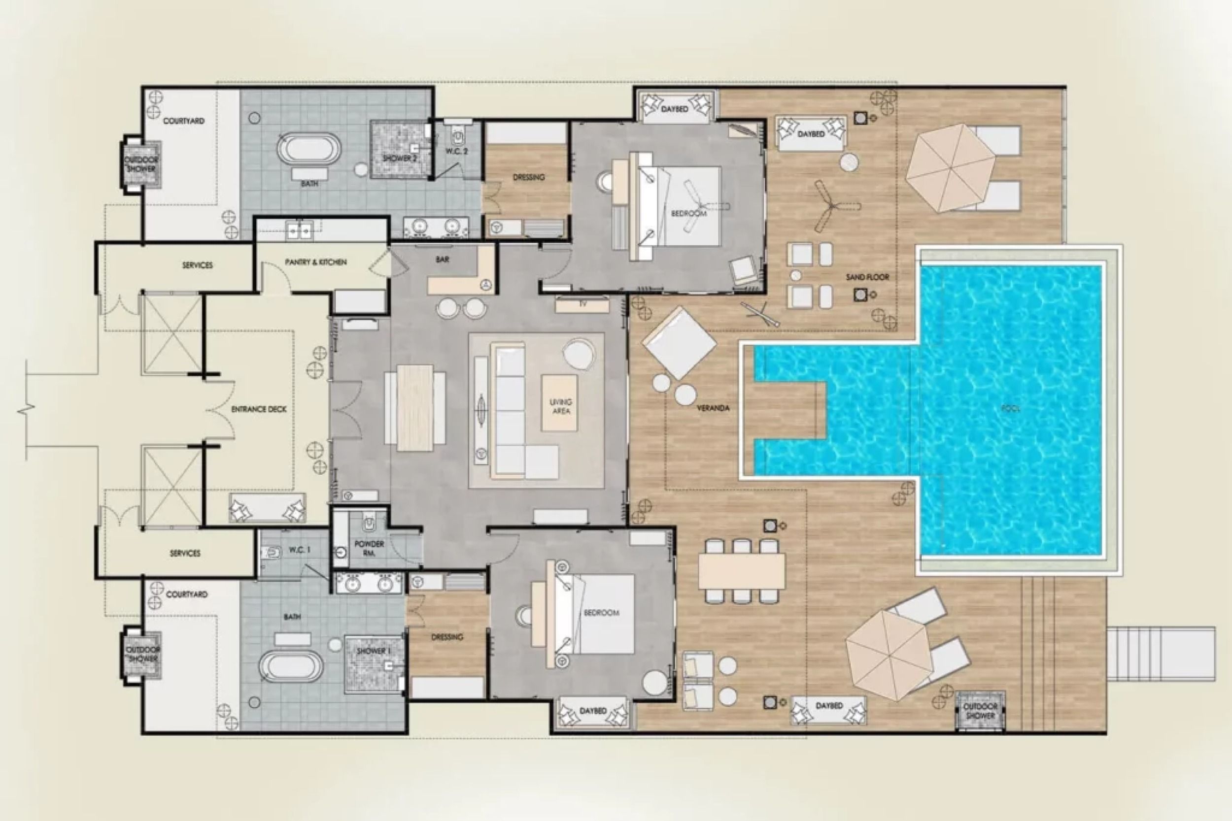 Finolhu Baa Atoll - Two Bedroom Water Pool Villa - Floor Plan