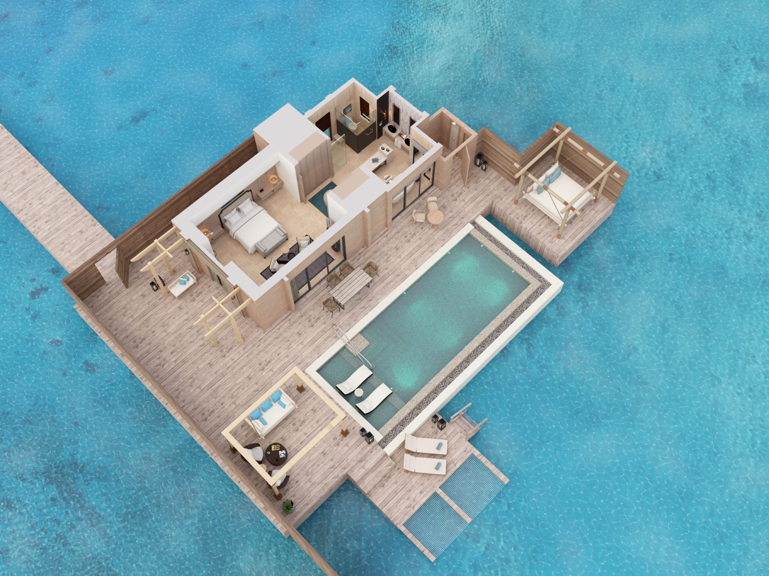 Waldorf Astoria Maldives Ithaafushi - Over Water Villa with Pool - Floor Plan