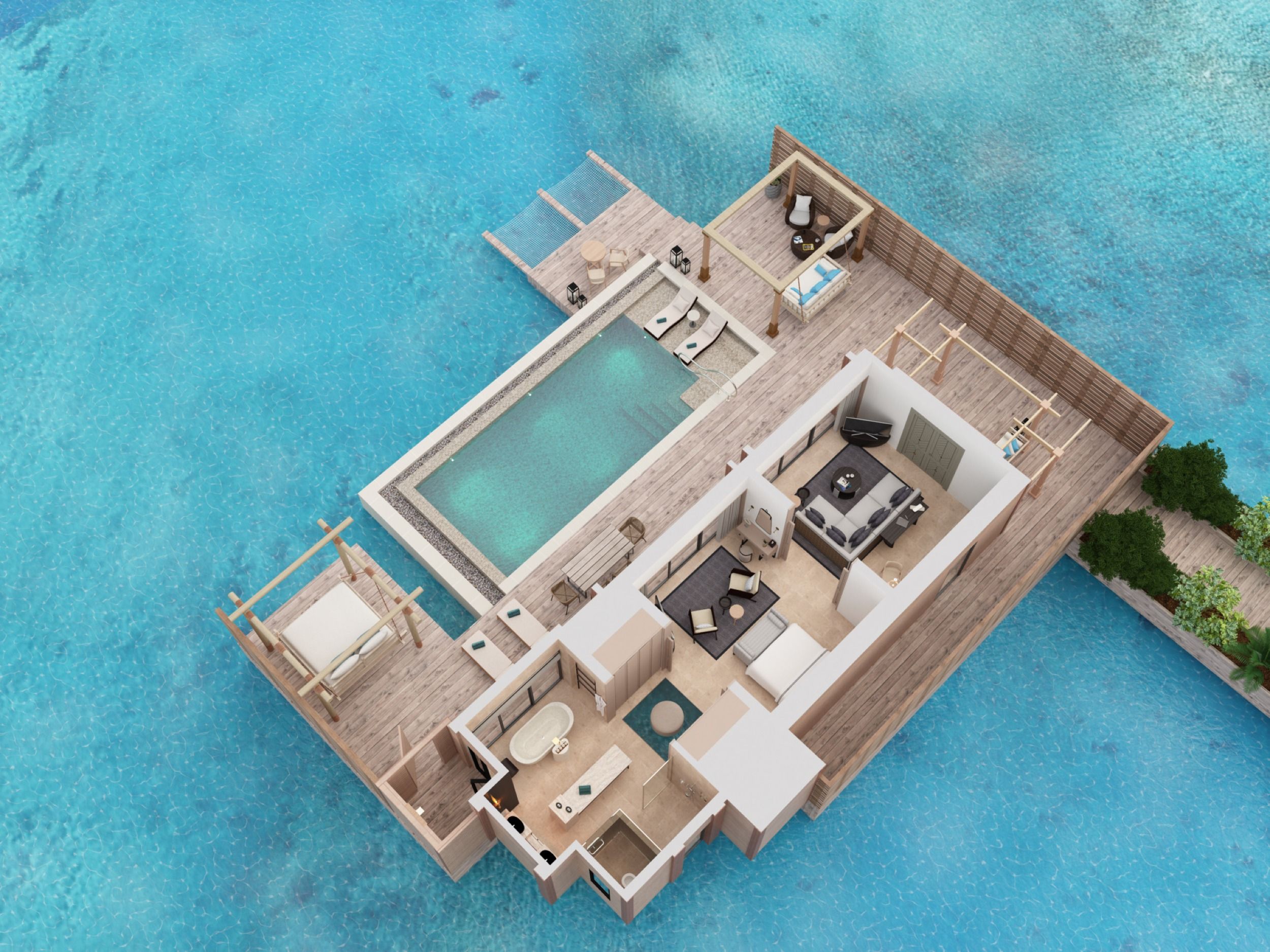 Waldorf Astoria Maldives Ithaafushi - Grand Over Water Villa with Pool - Floor Plan