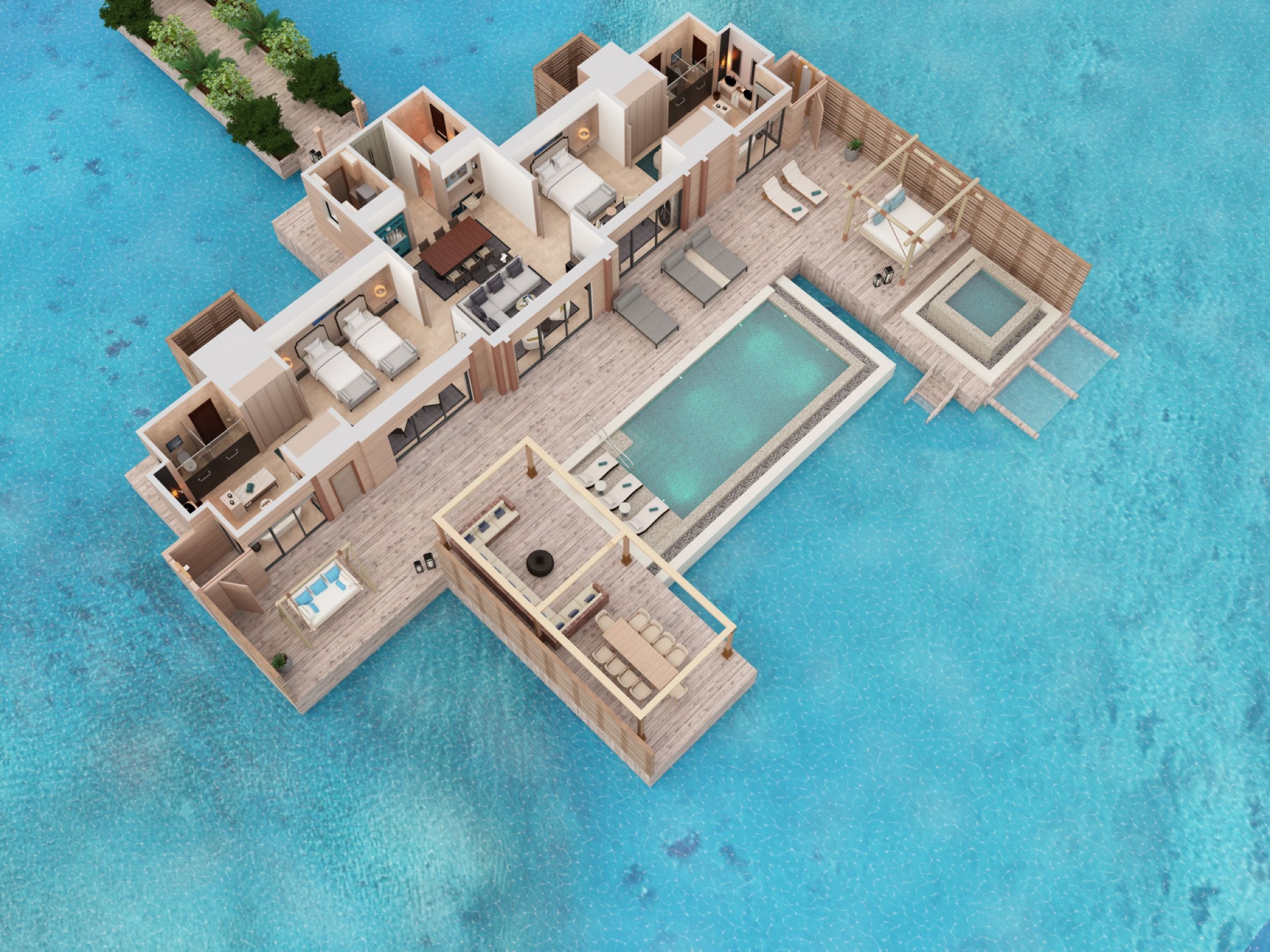 Waldorf Astoria Maldives Ithaafushi - Over Water Villa with Pool - Two Bedroom - Floor Plan