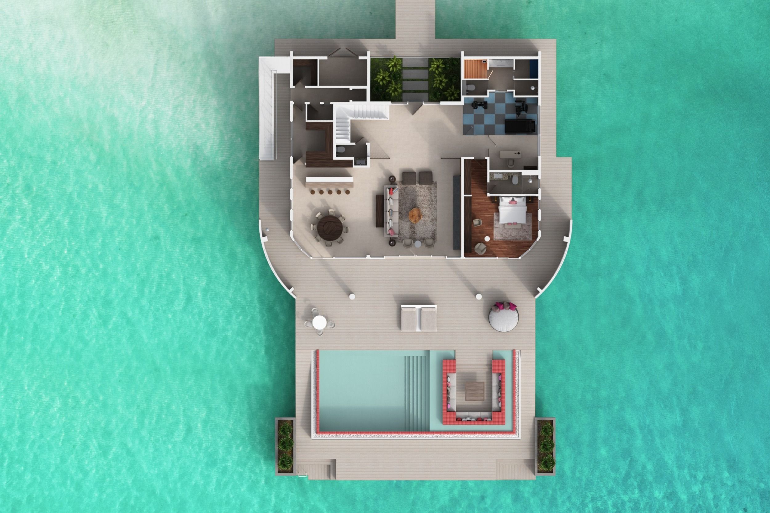 Jumeirah Maldives - Three Bedroom Olhahali Water Retreat with Pool - Floor plan