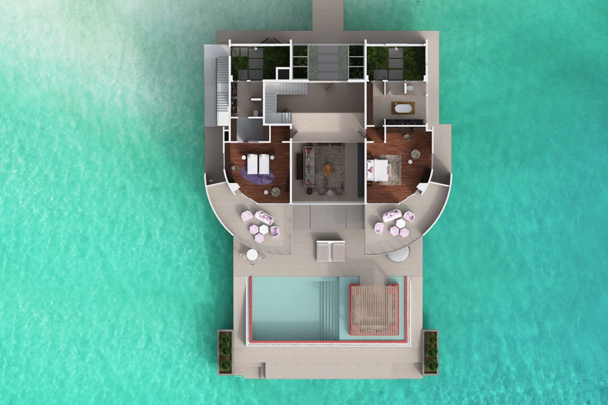 Jumeirah Maldives - Three Bedroom Olhahali Water Retreat with Pool - Floor plan