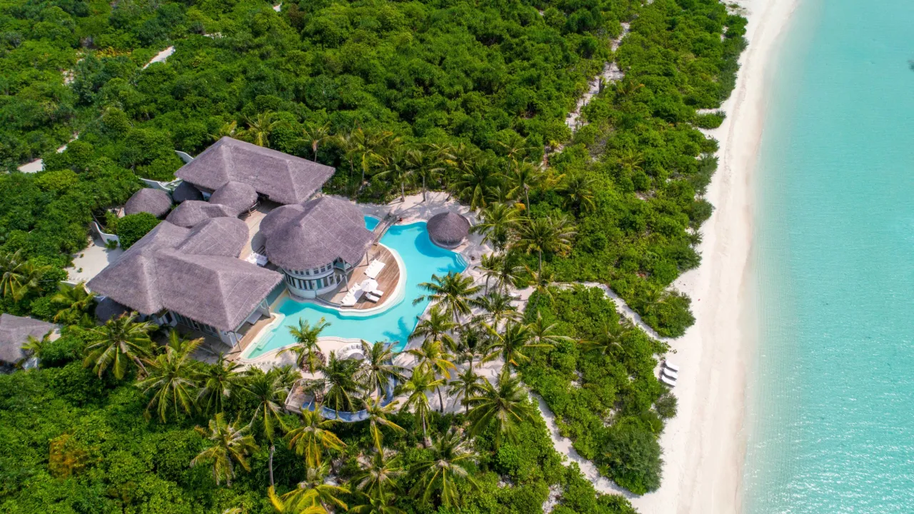 Aerial view of the 4-Bedroom Island Reserve at Soneva Jani