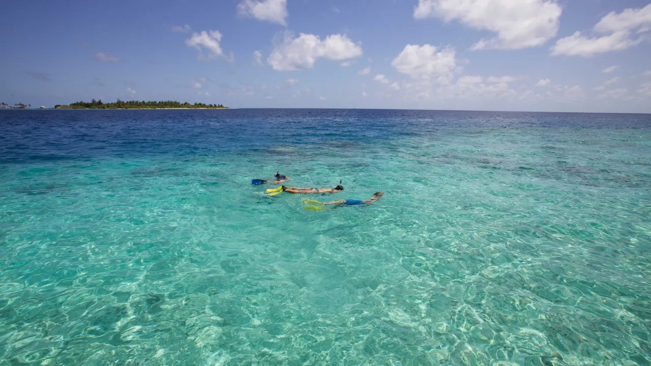 Snorkeling in crystal-clear waters at Six Senses Laamu Maldives – vibrant marine life, coral reefs, and tropical island view
