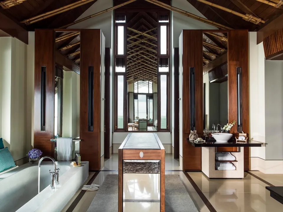 Garden Water Villa at Cheval Blanc Randheli – elegant interior with high ceilings, luxury décor, and pool view in Maldives.