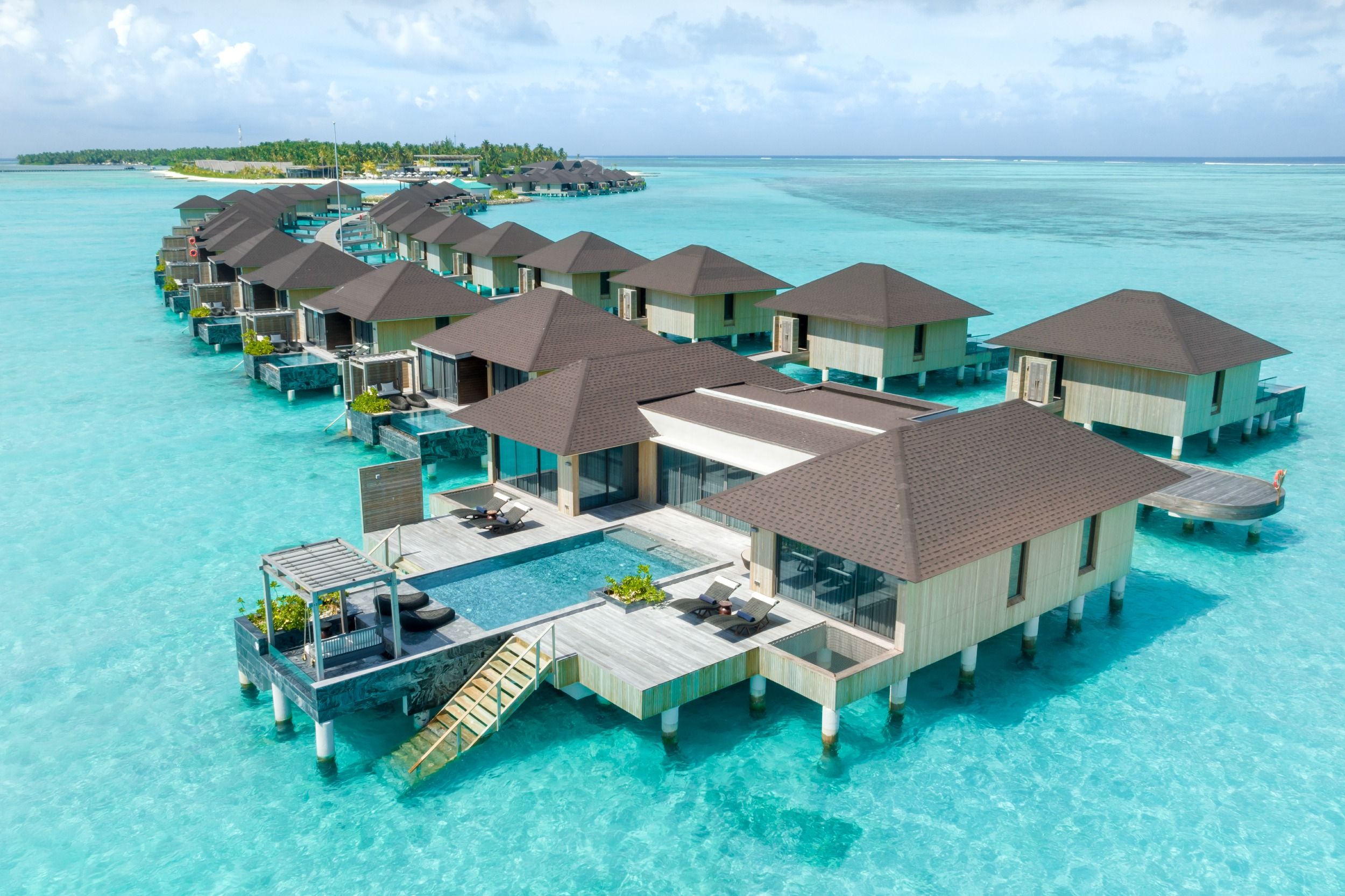 Aerial view of water villas