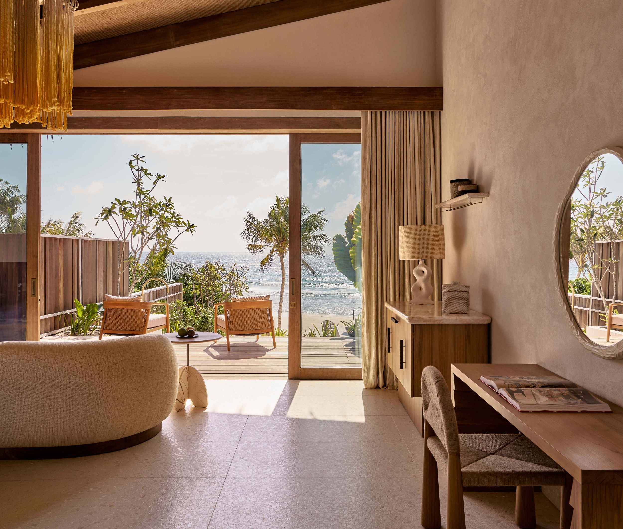 Ocean-side yellow bedroom bathroom interior